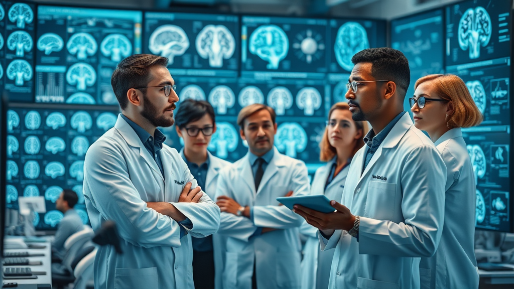 Modern diverse scientists and psychologists discussing the science behind motivation and inspiration in a hi-tech lab with neural imagery.