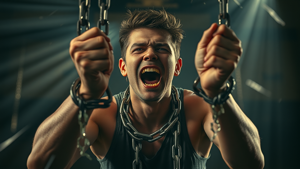 Resilient individual breaking chains symbolically, overcoming obstacles to motivation and inspiration.